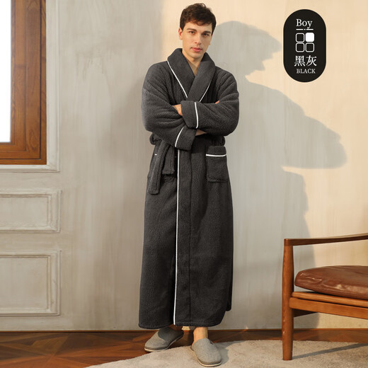 Bo Naling Nightgown Men's Bathrobe Men's Winter Plus Velvet Thickened Long Pajamas Coral Velvet Style Bathrobe Plus Size Large Size Light Luxury Warmth Men's Bathrobe Black Gray XL