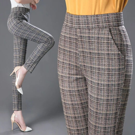 Langwei Ferri Plaidhose für Frauen Frühling und Herbst Neue Frauen mittleren Alters mittleren Alters und elastischer schlanker Graugitter [Elastische Taille] 983# Fleece L [105jin [Jin entspricht 0,5 kg] ~ 115jin [Jin entspricht 0,5 kg]]