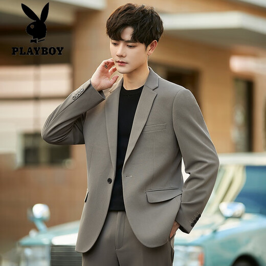 Playboy Casual Suit Jacket Men's Slim Fit Handsome Drape Small Suit Suit High-end Top Single-piece Formal Trend Gray Blue Suit (Coat + Pants) XL