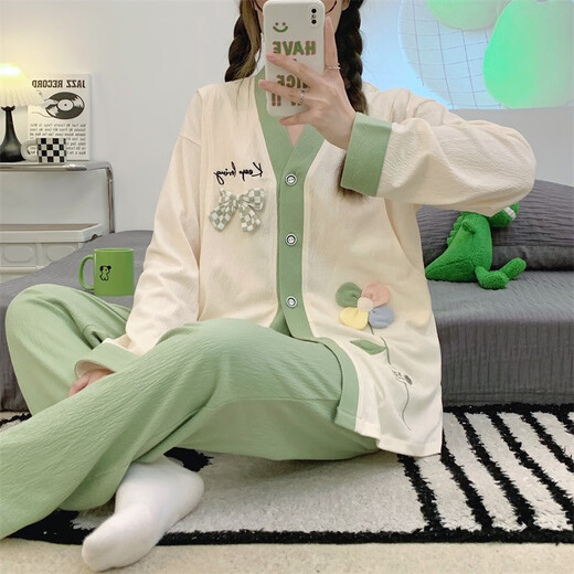 OULUXI solid color wrinkled cloth cotton confinement clothes spring and autumn pregnant women pajamas in summer breathable sweat-absorbing and postpartum breastfeeding clothes AXXE724 concentric knot L code (recommended 90-115 Jin [Jin equals 0.5 kg])