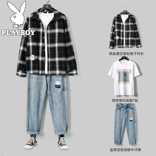 [Three-piece set] Playboy PLAYBOY short-sleeved t-shirt men's jeans summer new youth sweatshirt casual all-match suit loose coat clothes pants men's autumn wear KXPG06 long-sleeved black + KXPT260 white + K193XL