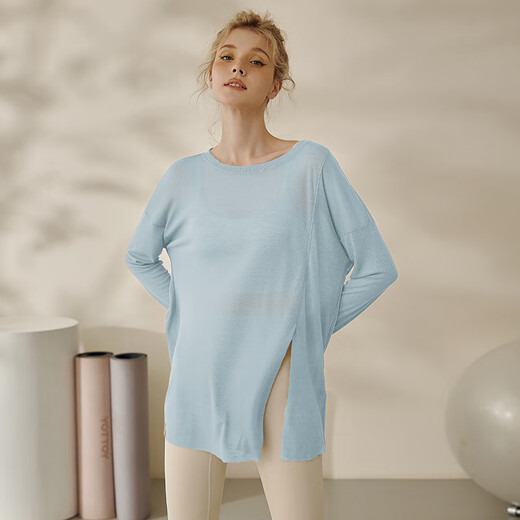 LULUUVTTOH loose sports top women's breathable running Pilates training fitness cover-up long hip-covering yoga wear long-sleeved khaki brown L/XL