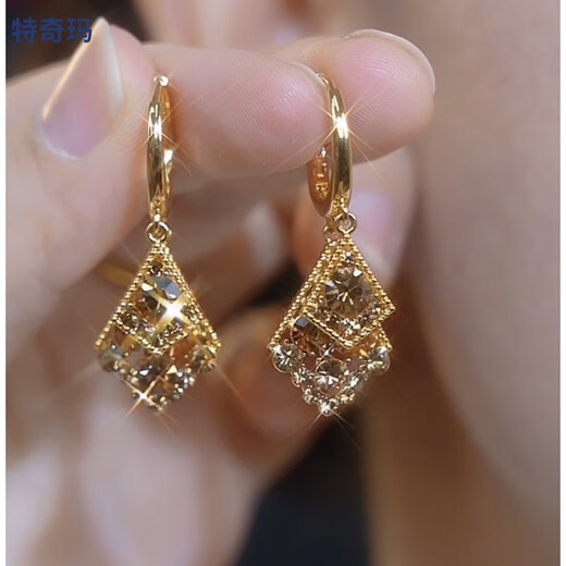 Techima's high-end temperament zircon rhombus earrings for female Internet celebrities, fashionable face-shaping earrings for girlfriend on Chinese Valentine's Day, golden earrings