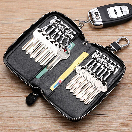 百鸣威2025新款拉链大容量钥匙包男真皮多功能实用汽车锁匙包牛皮钥匙袋 黑色(12扣)