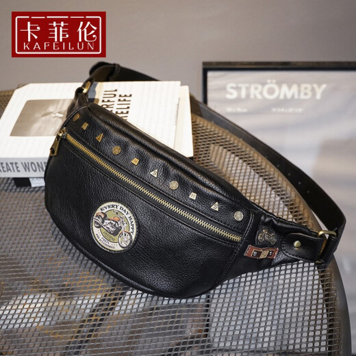 Kafeilun brand chest bag men's fashion chest crossbody bag men's bag motorcycle pattern men's and women's cross-body chest bag rivet leather waist bag black 37*5*16CM