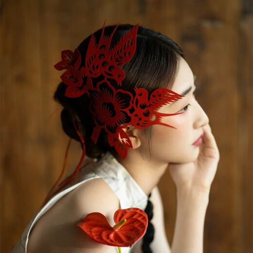 QBILY bridal paper-cut creative new Chinese style hairpin red magpie flower hair accessories national style cheongsam dressing gown accessories red paper-cut + earrings + hairpin