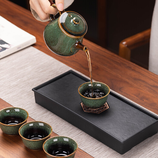 Porcelain brand tea set (cipaiming teaset) tea set small set Kung Fu teapot portable one pot four cups home reception tea set small tea table kiln-turned rabbit hair blue one pot four cups + magnet dry infusion tray