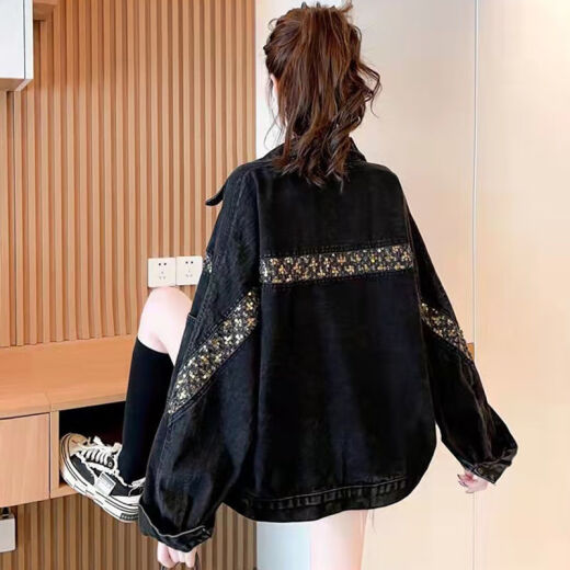 Zhidoudou Sense Black Denim Jacket for Women 2025 New Design Retro Hong Kong Student Student Korean Loose Daven Jacket 9926# Imagen Negro S sugerido 80--95Jin [Jin es igual a 0.5 kg]