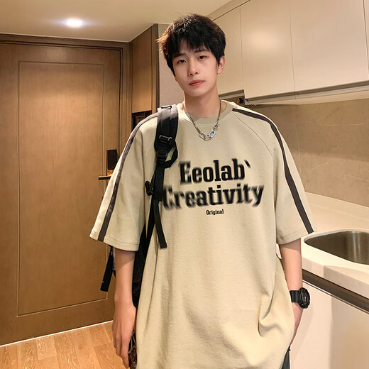 OEMG 美式复古短袖t恤男夏季新款潮流牌青少年五分袖上衣服宽松休闲衫 杏色 XL [建议125-140斤]