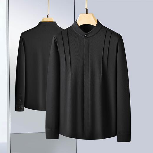 New Year of the Fat Man Chinese Style Men's Large Size Shirt Fat Man Long Sleeve Plus Fat Extra Large Men's Henry Collar Chinese Style Long Sleeve Shirt Black 6XL 235-255Jin Jin is equal to 0.5 kg