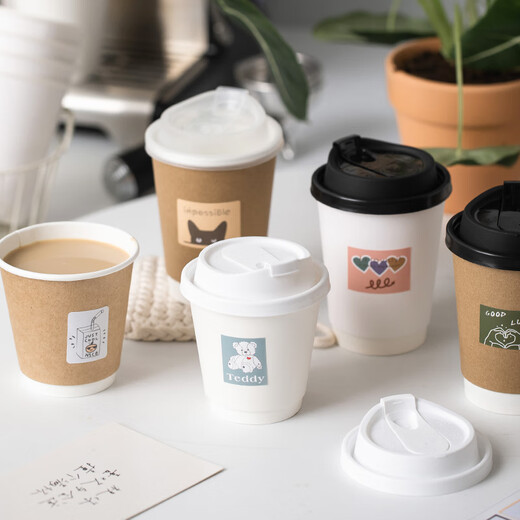 Lishi disposable milk tea cup coffee cup disposable thickened kraft paper cup milk tea soy milk hollow double layer hot and cold 400ml cowhide double layer cup + black lid + sticker 50 pieces