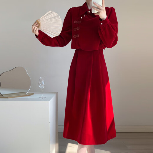 Pierre Cardin New Chinese Style Improved Cheongsam Toast Wear Back Door Wear Bride Can Wear Engagement Red Velvet Dress Red L