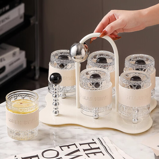 Xiderun Light Luxury Cup Set Home Living Room Hospitality Tea Cup High-Looking Cream Style New Home Cup High-end Glass Water Cup with Leather-Milk White 6-Cup Set