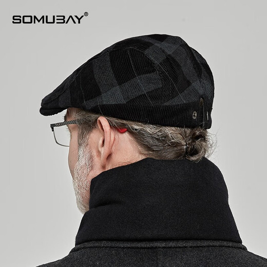 SOMUBAY middle-aged and elderly hats autumn and winter men's style plaid beret dad old man warm casual duck bill forward hat black one size (56-58cm) adjustable