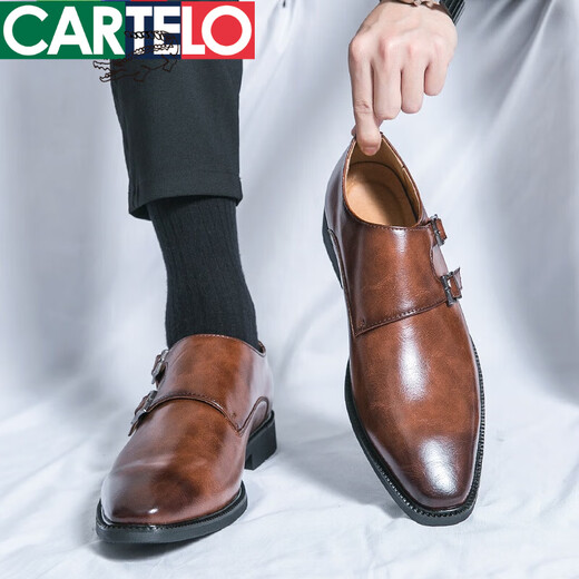 卡帝乐鳄鱼（CARTELO）皮鞋男士夏季搭扣复古商务正装休闲朋克夜发型师新郎结婚鞋男鞋子 -3883黑色 40