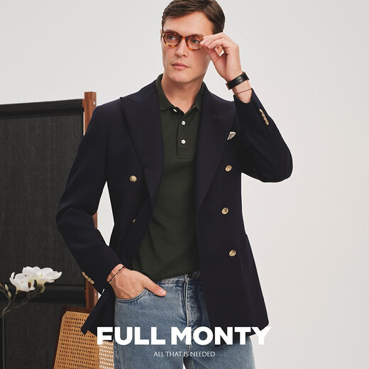 FULL MONTY海军蓝布雷泽休闲西装外套男士纯羊毛西服轻商务单西 双排金扣6691 46