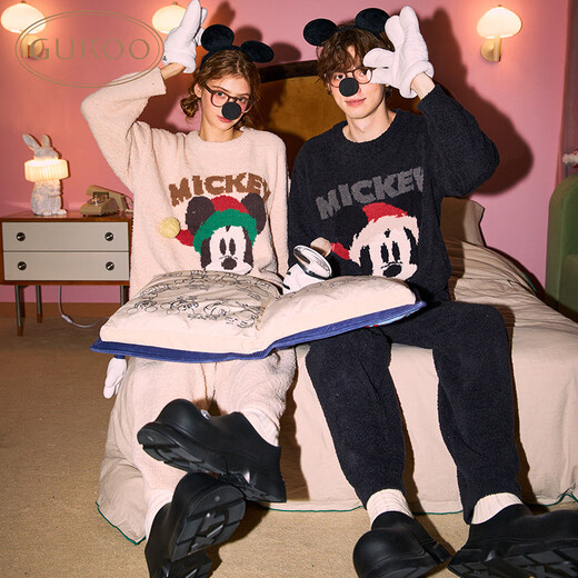 Gukoo Pajamas Couple Winter Disney Co-branded New Maillard Half Velvet Warm Men's Home Clothing Set Female D Mickey Couple Pajamas M Female