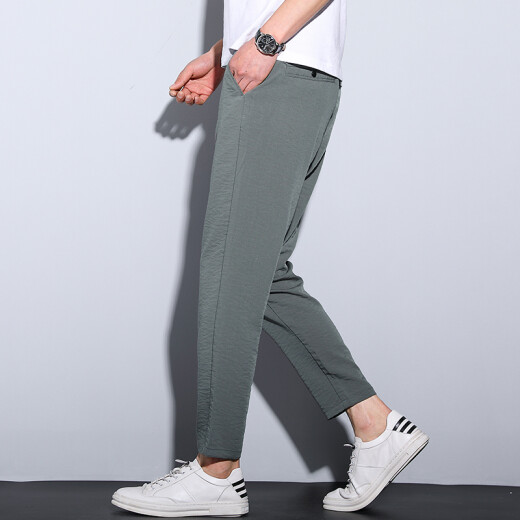 Hunpai Wolf Summer Thin Cropped Pants Men Fashionable Men's Casual Pants Lightweight Pants Trendy Elastic Feet 9-point Pants Cropped Pants R3884 Gray Green Ultra-Thin Style 2XL