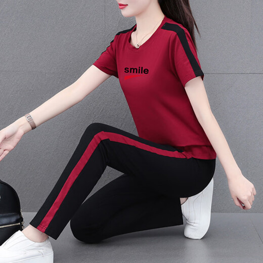 NY-EMMA运动套装女短袖夏季薄款洋气减龄中年棉质休闲时尚跑步服两件套 695宝蓝（长裤套装） XL(建议110-125斤)