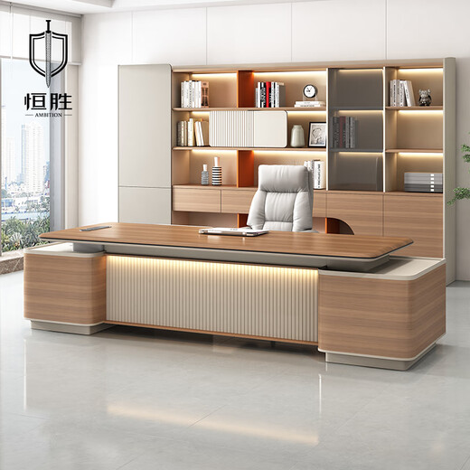 Hengsheng high-end executive desk boss desk chairman desk president office new Chinese style high-end atmospheric table and chair combination 3.2 meters boss table long side cabinet + boss chair