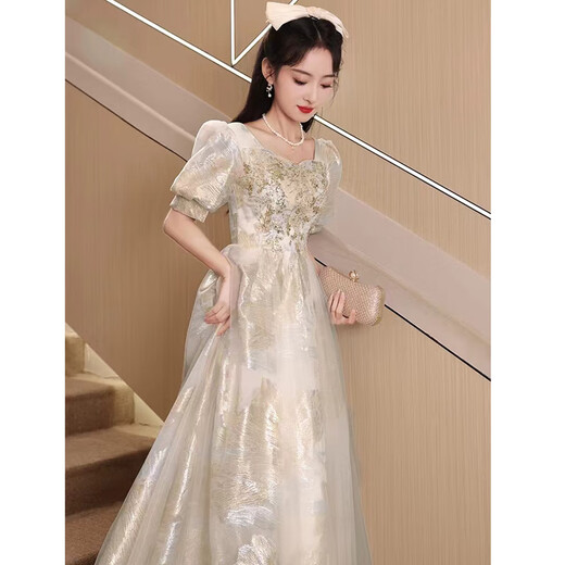 麦斯贝思晚礼服女高端宴会气质轻奢小众高端声乐艺考年会主持人连衣裙冬 香槟色 M