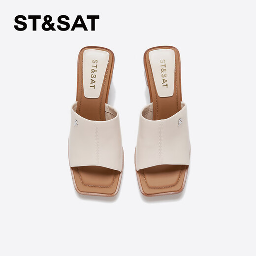St&Sat Saturday fish mouth thick heel slippers for women summer fashion outer wear new high heel one-line sandals SSC2110325 beige 35 225mm