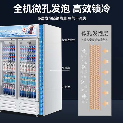 Royalstar display cabinet refrigerated fresh cabinet large capacity beverage cabinet commercial freezer wine direct cooling direct air cooling pure air cooling supermarket glass door refrigerator vertical beer cabinet double door 728L-air-cooled frost-free lower unit white