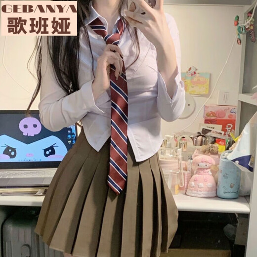 
Gebanya College Style JK Uniform Waist Long Sleeve Shirt Female Sexy Slim Design Top Autumn Set Long Sleeve Top + Black Skirt ++ Red Stripe Tie S