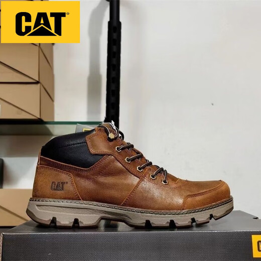 卡特 CAT圆头系带男鞋工装高帮真牛皮休闲耐磨牛皮轻便户外休闲鞋 卡其色 41