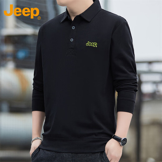 Jeep (JEEP) long-sleeved T-shirt men's autumn and winter polo loose casual bottoming shirt clothes men's black 2XL