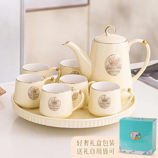 Ruishun tea set set, household water set, cup set, ceramic cup, kettle, tea cup, living room light luxury tea set, cream style crown water set set