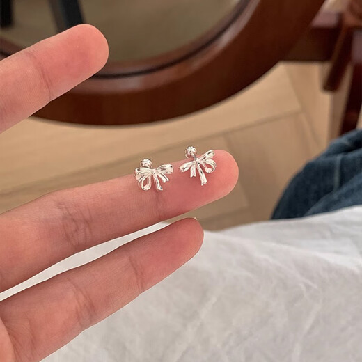 Xinshe S999 Sterling Silver Princess Bow Earrings for Women Ear Holes, Sweet Pure Silver Korean Earrings Design Earrings 999 Silver - Pair of Bow Earrings