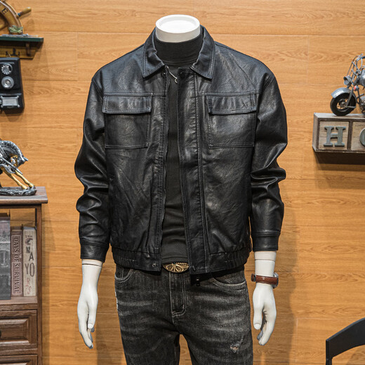 JAGR trendy brand leather jacket men's motorcycle casual top light business men's wear trendy men's leather jacket black L