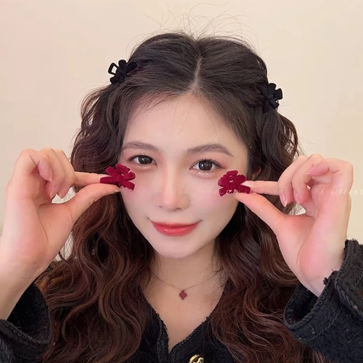 High-end velvet bow small grabber bangs hairpin retro princess clip headdress female small broken hairpin female four-piece set burgundy + black flocked bow