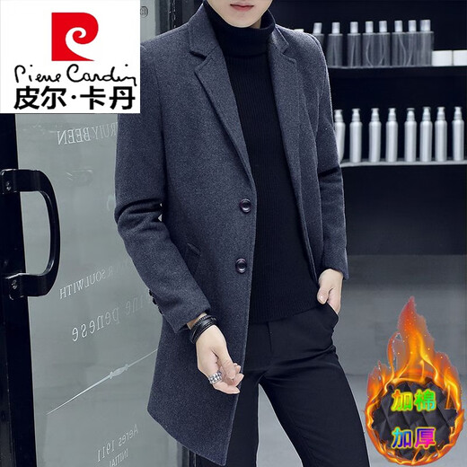 皮尔卡丹（pierre cardin）风衣男中长款韩版修身秋冬季加厚羊毛呢子大衣男士呢子外套针织 82黑色 2XL 145-160斤
