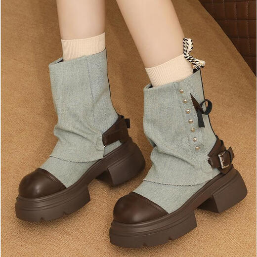 Fan Xiaoru Jeans Beinstiefel 2024 neue kurze Stiefel Dicke Sohle Martin Stiefel Retro Britische Stapelstiefel Hochdarmte Western Denim Stiefel Blau 37