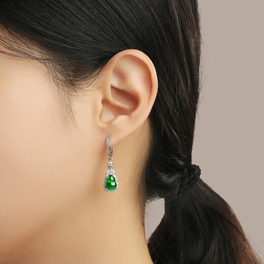 Purple glass Yang Mi's same style S925 silver inlaid with imperial green A-grade jade gourd ice earrings earrings Chinese Valentine's Day gift Imperial green jade gourd earrings