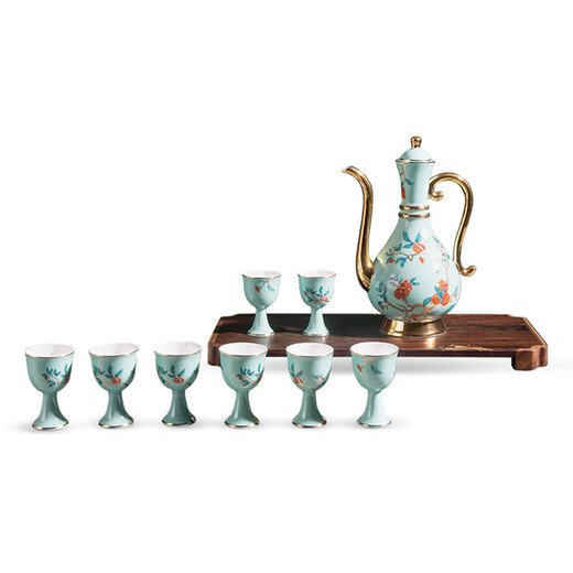 Gao Chun Ceramics Gao Chun Ceramic White Wine Cup Set Household Wineware Wine Flask Sake Yellow Wine Cup Antique Chinese Style High-end Light Luxury Gift Gift Golden Golden Branch Flask 1 Pot 8 Cups
