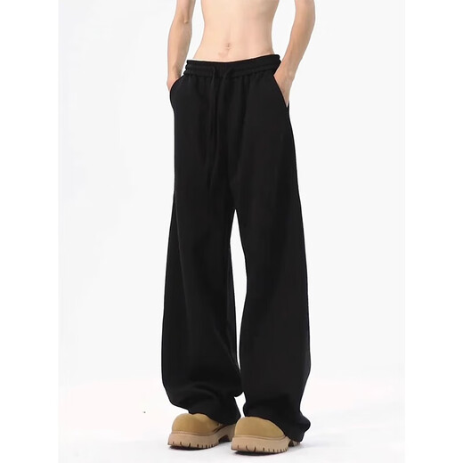 Digada American trendy high street scimitar pants for men in spring and autumn, loose vertical straight wide leg pants, sports and casual trousers SBXS-A160 black L (size is too large, it is recommended to take a smaller size)