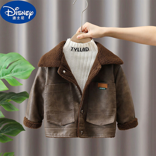 Disney (Disney) 2-15 year old boys leather jacket 2024 new winter plus velvet children's clothing boy thickened baby fur integrated khaki 90cm