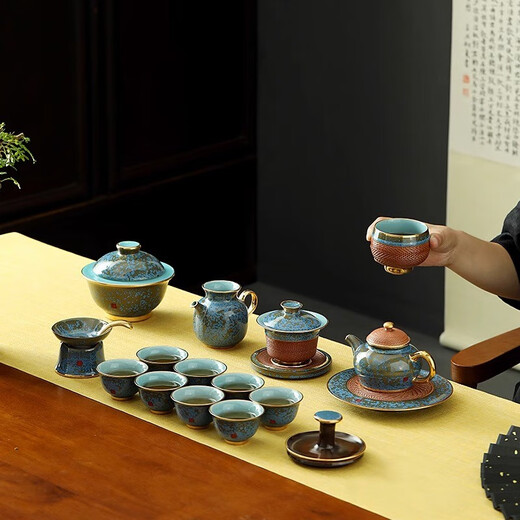 Langting Yafang Jun kiln Kung Fu tea set teapot complete set ceramic kiln glaze high-end home office Chinese style gift box Jun Yufu Emerald Sapphire 22-piece set