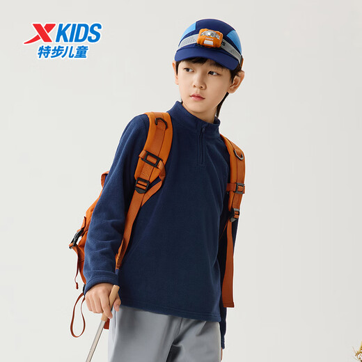 Xtep children's pullover sweatshirt spring for boys and girls, small, medium and large children, breathable, dry, thick, lightweight, fashionable and versatile top, deep blue 120 cm