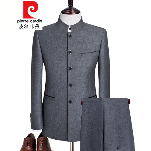 皮尔卡丹春秋中山装套装男士中青年中华立领西服韩版修身款新郎中式礼服 暗扣黑687 两件套 175/108