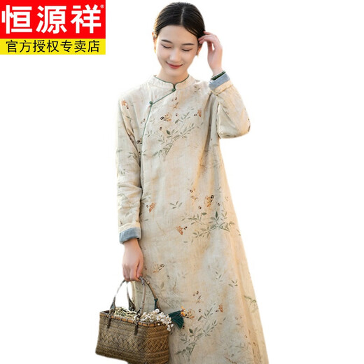 Hengyuanxiang Export tail goods removed from the cabinet Women's Chinese-style improved cheongsam plus velvet thickened stand-up collar printed cotton and linen dress Picture color (small quantity in stock) Oriental simple luxury style M Recommended 90-105 Jin Jin equals 0.5 kg Oriental simple luxury style