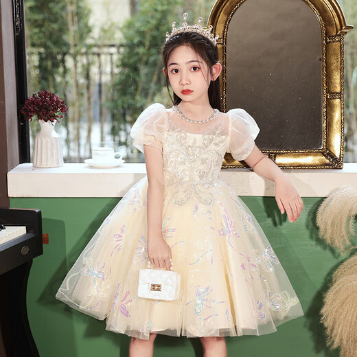 奥蒙威（AOMENGWEI）女童礼服公主裙甜美儿童花童婚纱生日连衣裙主持钢琴演出服DY9208 香槟色短袖【单裙】 150