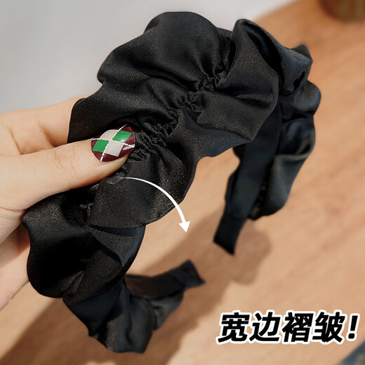 Zuoou high skull headband for women, French retro black pleated face wash headband, hair binding, wide-brimmed face-showing small hairpin, 6cm pleated headband