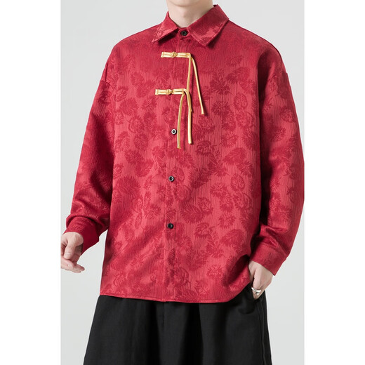 Bai Xu Teng Tang suit Hanfu jacquard leaf Chinese style improved new Chinese style 2025 spring and autumn new style plate button annual meeting long-sleeved shirt red L (recommended weight 120-135Jin Jin equals 0.5 kg)