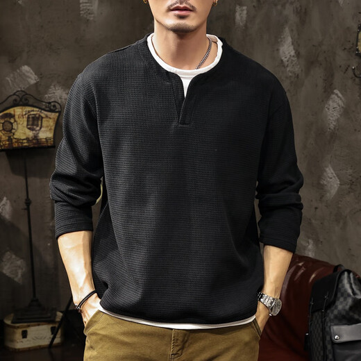 BOYUNI texture waffle fake two-piece V-neck inner long-sleeved Japanese men's bottoming Henry shirt European cotton soft sweatshirt autumn and winter black L suitable for 125-145 Jin Jin equals 0.5 kg