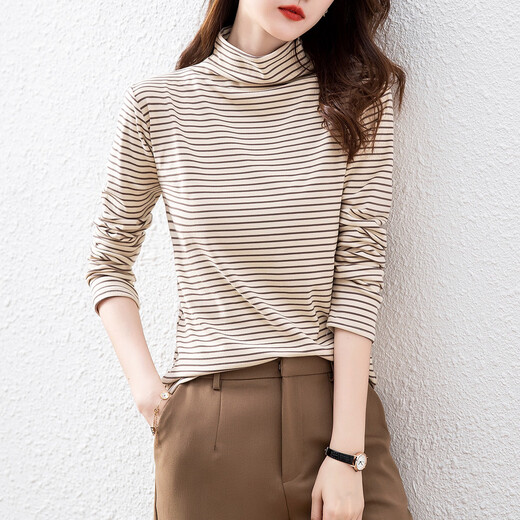 Demana (dme) super elastic striped half turtleneck comfortable striped bottoming shirt for women with top and bottoming shirt for women, light yellow L