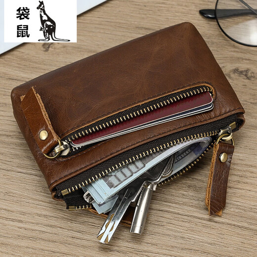 Kangaroo (KANGAROO) Men's Fashionable Casual Lightweight Crazy Horse Leather Retro Genuine Leather Belt Key Ring Coins Bag Key Coin Wallet 9202-Coffee Color